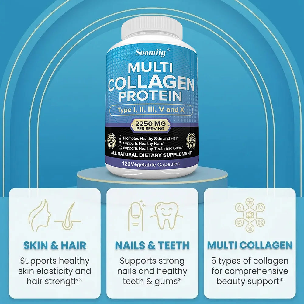 Multi-Collagen Peptides Capsules, Types I/II/III/V/X, Teeth, Hair, Skin, Nails, Joints, Gut & Anti-Aging Support, Non-GMO
