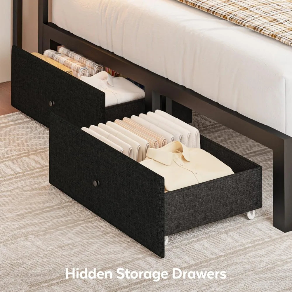 Queen Corner Bed Frame with Storage Drawers, LED Lights & Charging Station, Upholstered Metal Platform Daybed