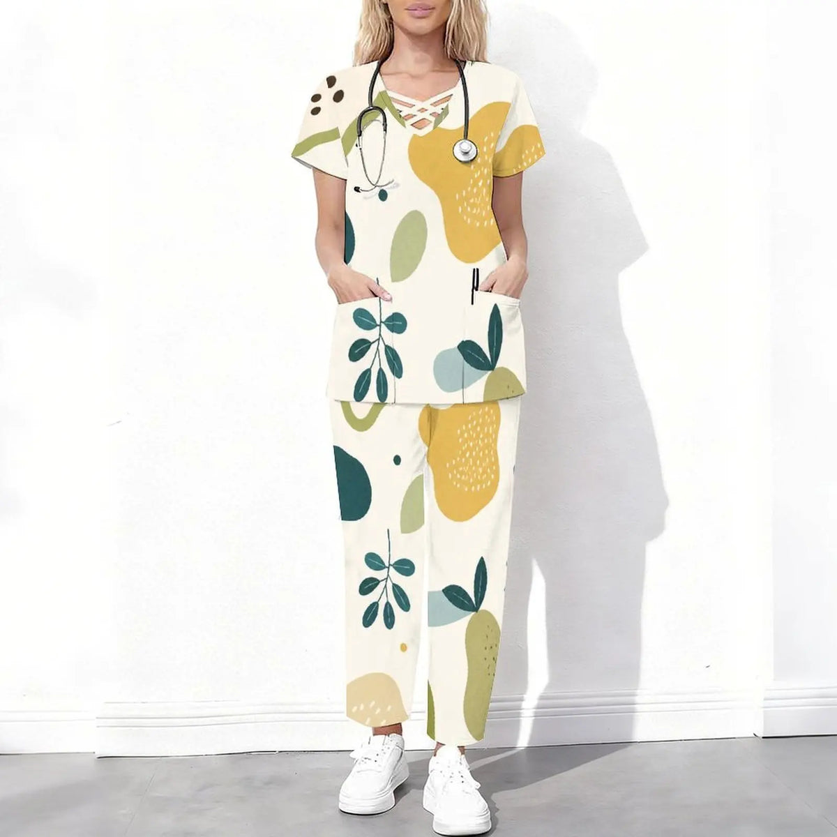 Women Abstract Fruit Leaf Print Short Sleeve Cutout Neck Scrub Set Pockets Top Long Pants Two Piece