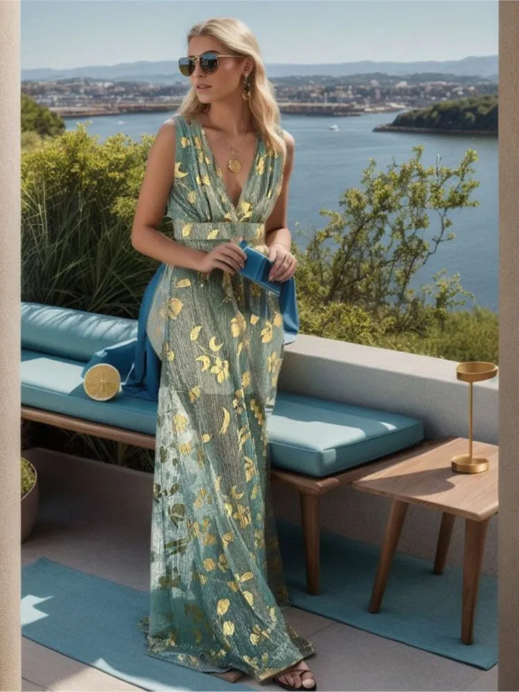 Sexy Deep V Neck Sleeveless Women's Party Gold Dresses Summer New Fashion Slim Waist Elegant Maxi Dress for Women Vestidos 2026