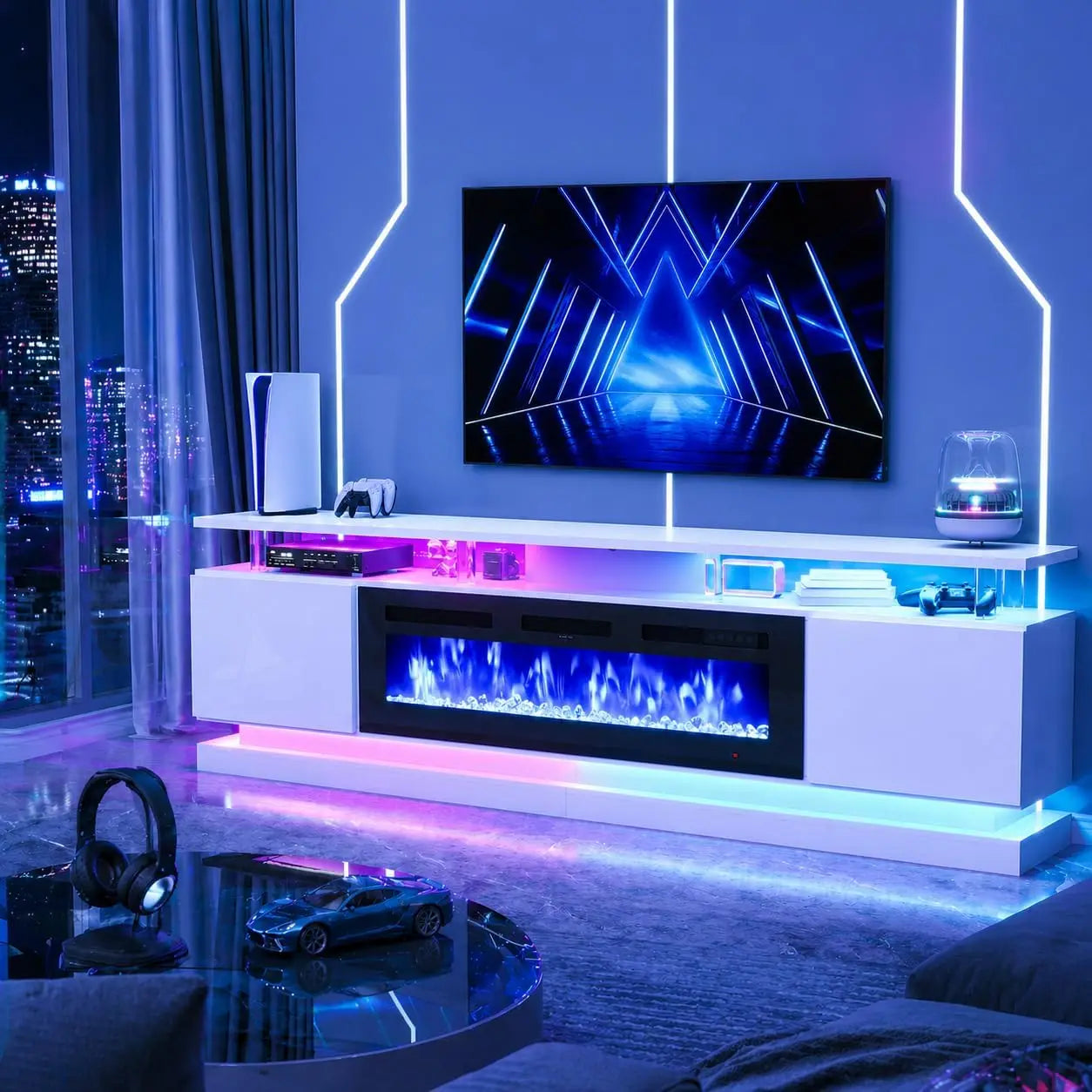 70 inch Modern TV Stand with Electric Fireplace for TVs up to 80 inches White Living Room Media Console Entertainment Center