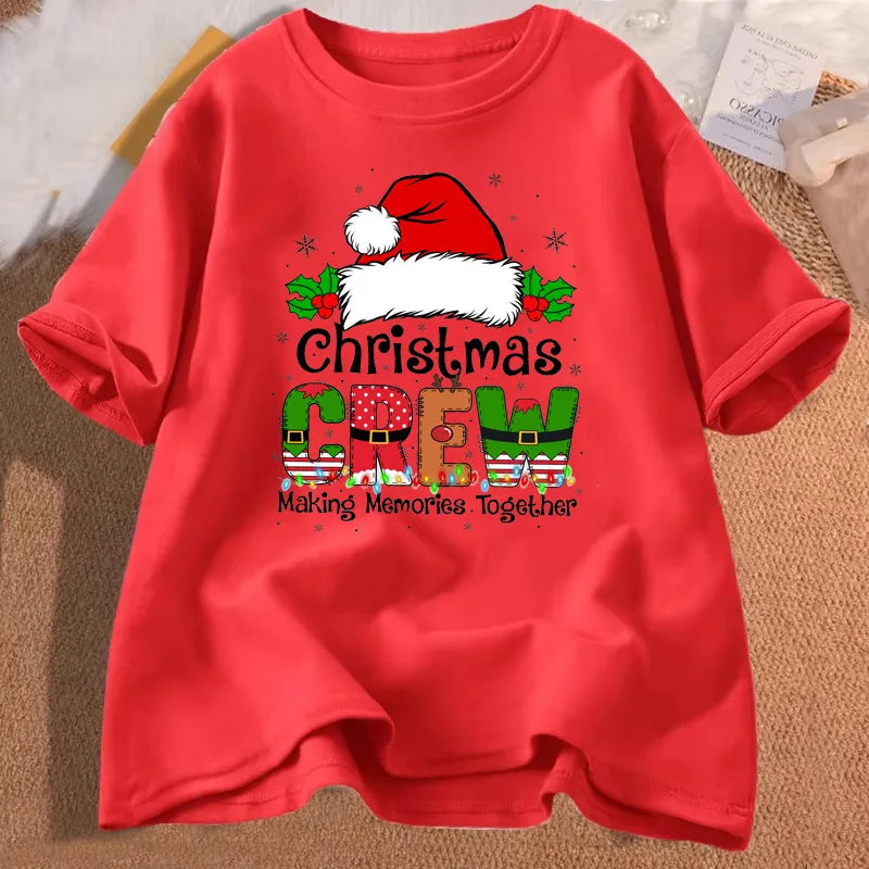 Christmas Crew Santa Hat Holly Snowflake Quote Art Print Graphic Womens T Shirt Short Sleeve Crew Neck Casual Ladies Tee Tops