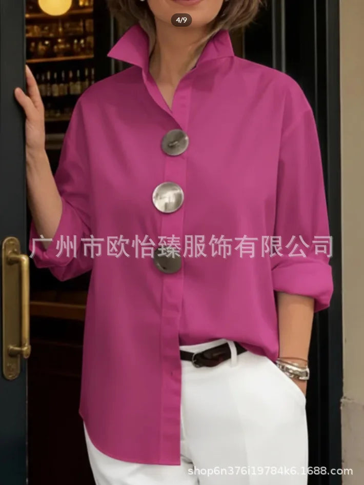 Women Casual Solid Loose Shirt Tops Spring Summer Fashion Lapel Shirt Long Sleeve Blouse Metal Button Top Office Ladies Blouses