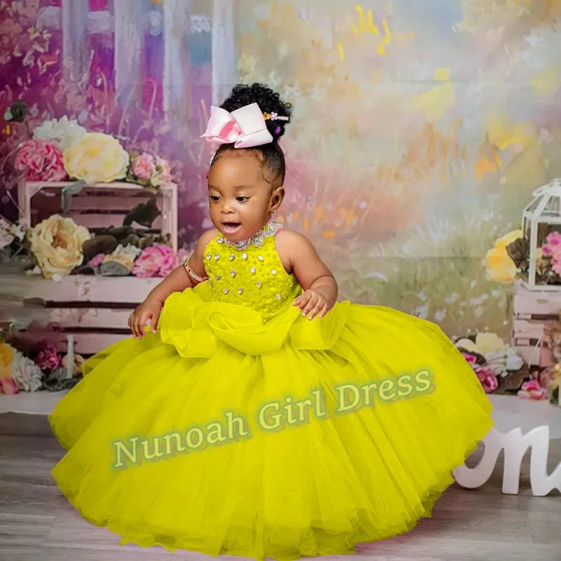 Pink Flower Girl Dresses for Wedding Crystal Sleeveless Sequins Girl Kids Birthday Party First Holy Communion Gowns Customized