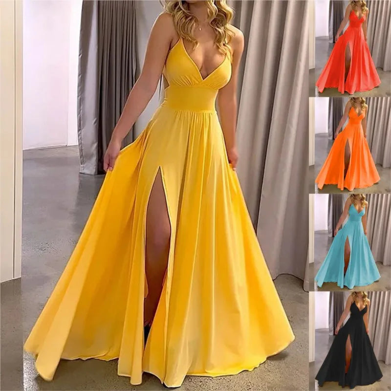 Y2k Women's Party Prom High Waisted Dress Summer Sexy Deep V-neck Suspender Dresses Ladies Fashion Solid Slit Hem Loose Vestidos