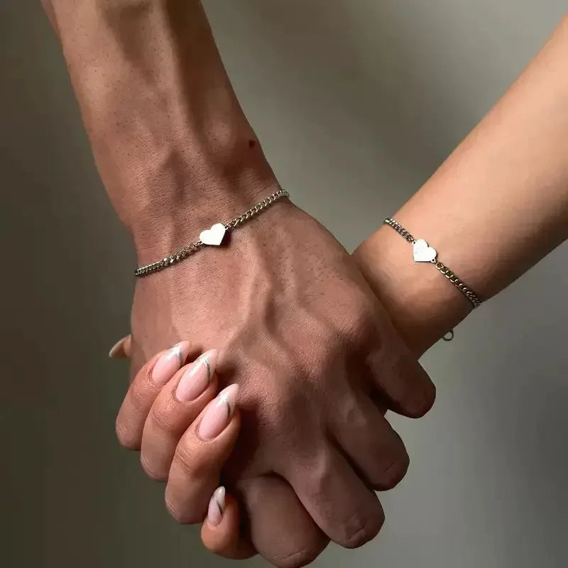 2Pcs Stainless Steel Chain Bracelet Set for Women Men Simple Crystal Heart Adjustable Couple Bracelets Couple Jewelry Gifts