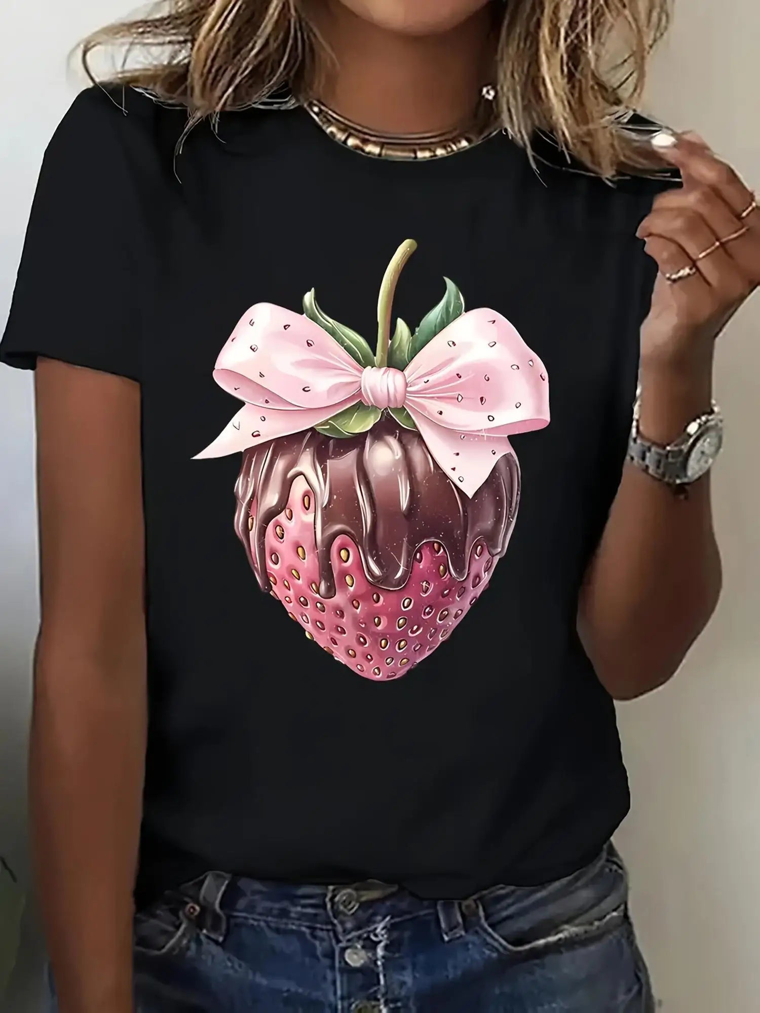 Women's Casual Strawberry Print T-Shirt - Black with Pink & Red Design Round Neck Short Sleeve Elastic Hem All-Season Comfort
