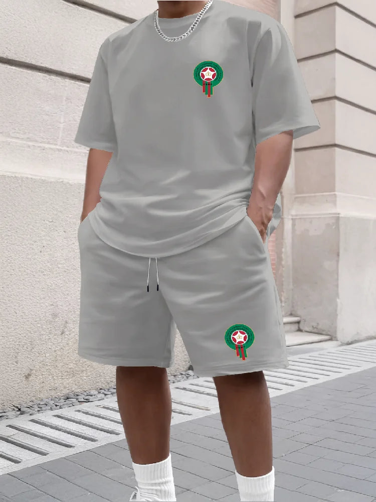 Youth Men's Fashionable Casual Sports Two-Piece Set Print Summer Short-Sleeved T-Shirt And Shorts Ensemble