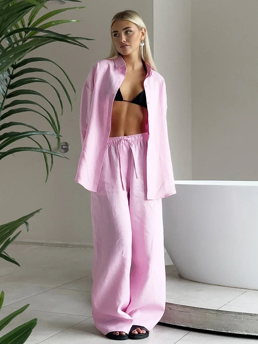 2026 Women Casual Solid Cotton Linen Pant Set Chic Laple Single Breasted Long Sleeve Shirt Elasticity Waist Pant New 2 Piece Set