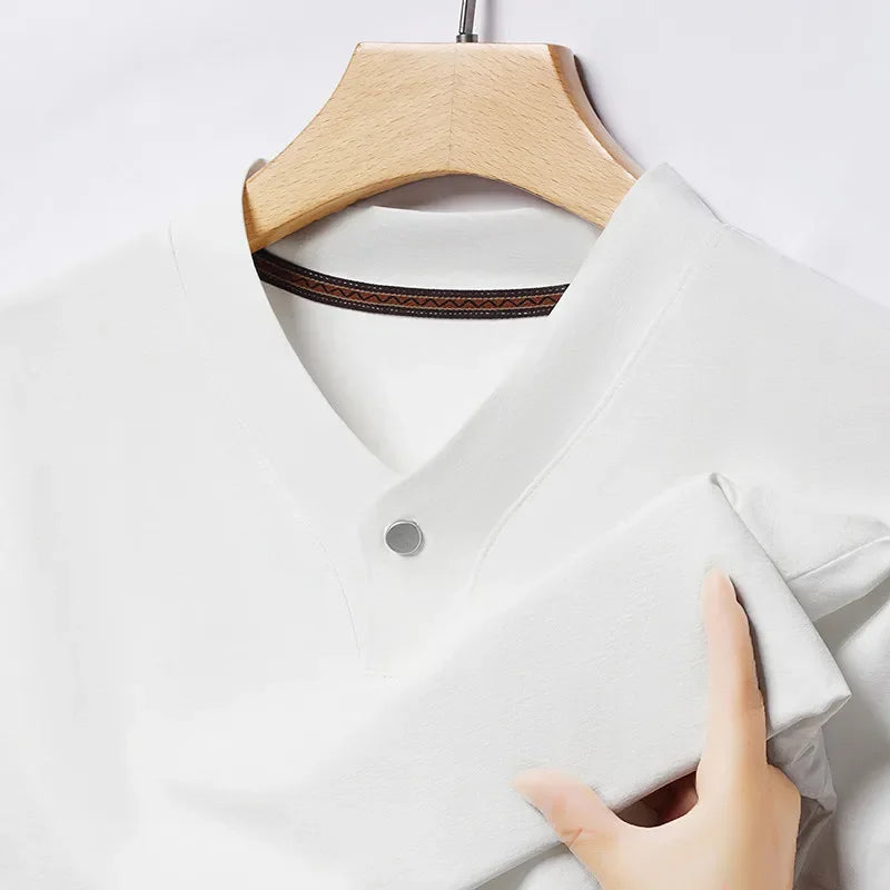 2026 Korean Style Men's Casual and Fashionable One Button V-neck Solid Color Short Sleeved T-shirt Summer Versatile Top