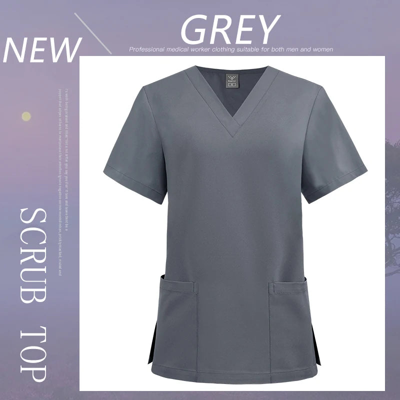 Women Men Solid Color Scrubs Top Short Sleeve Pockets Surgery Blouse V-neck Medical Clothes Unisex Dental Vet Surgical Uniforms