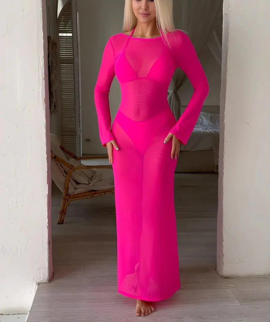 New Women's Mesh See-Through Dress Sexy Slim Backless Long Sleeve Floor-Length Dresses Beach Swimsuit Cover Ups Bikini 3pcs Sets