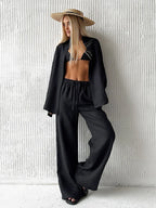 2026 Women Casual Solid Cotton Linen Pant Set Chic Laple Single Breasted Long Sleeve Shirt Elasticity Waist Pant New 2 Piece Set
