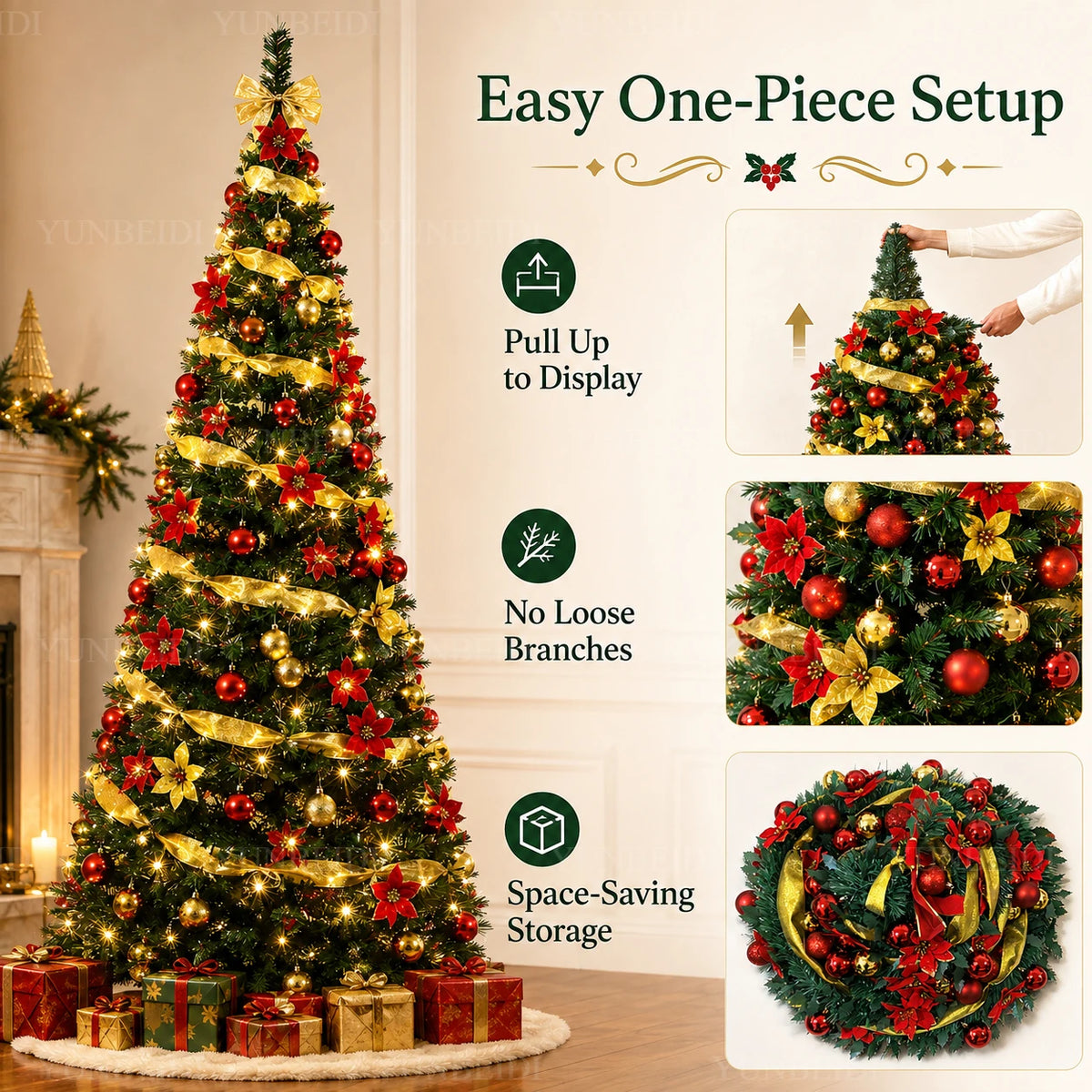 Foldable Christmas Tree with LED Lights Decoration Accessories Integrated Artificial Christmas Tree 1.5M To 2.1M for Home Decor