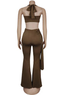 Beyprern New Chic Twist Front Crop Top And Long Straps Wide Legs Pants Set Womens Ruched Metal Tracksuits Set Night Out Overalls