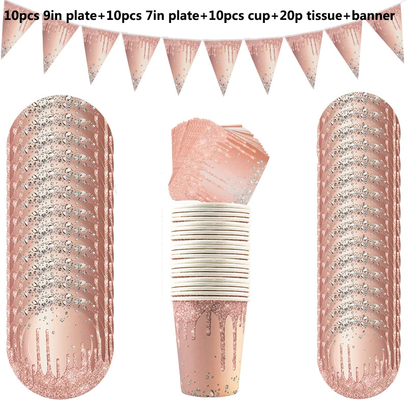 Rose Gold Disposable Tableware Diamond Pattern Paper Cups Plates Straws Table Decoration Wedding Birthday Party Supplies