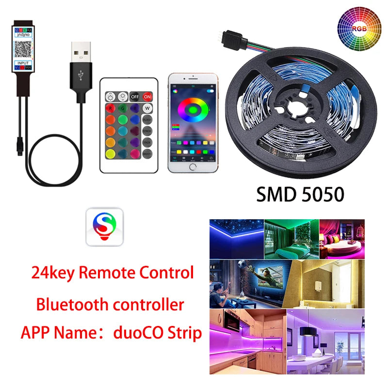 LED Strip Light 5050 USB Bluetooth Flexible Lamp Tape RGB Ribbon 1M 2M 3M 4M 5M DC 5V Decoration TV BackLight