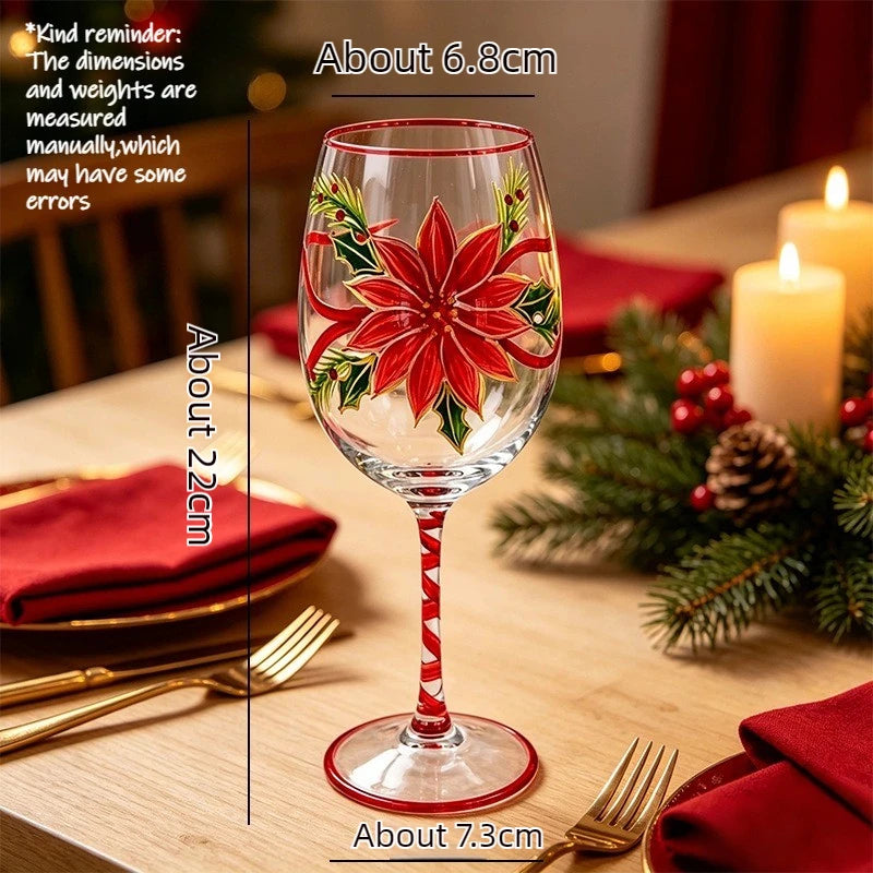 1PC Christmas Hand Painted Wine Glass Creative Snowman Poinsettia Goblet Household Glass Red Wine Cup Festive Decorations