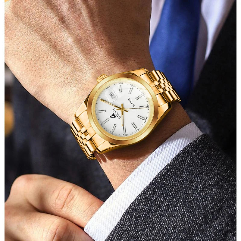 New Hot-Selling Men's Stainless Steel Five-Link Steel Band Watch with Arabic Numerals, Business Style, Round Case, Calendar Display Function, Valentine's Day Gift, Father's Day Gift