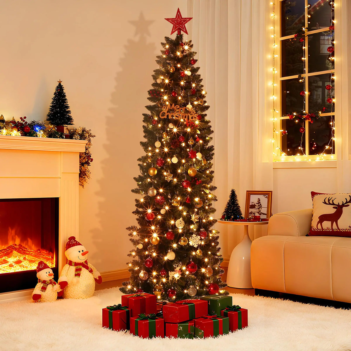 6FT Slim Pre-Lit Flocked Artificial Christmas Tree – Dual-Color LED Lights (400 LEDs), 8 Modes, Hinged Sections & Metal Stand for Home & Office Holiday Decor
