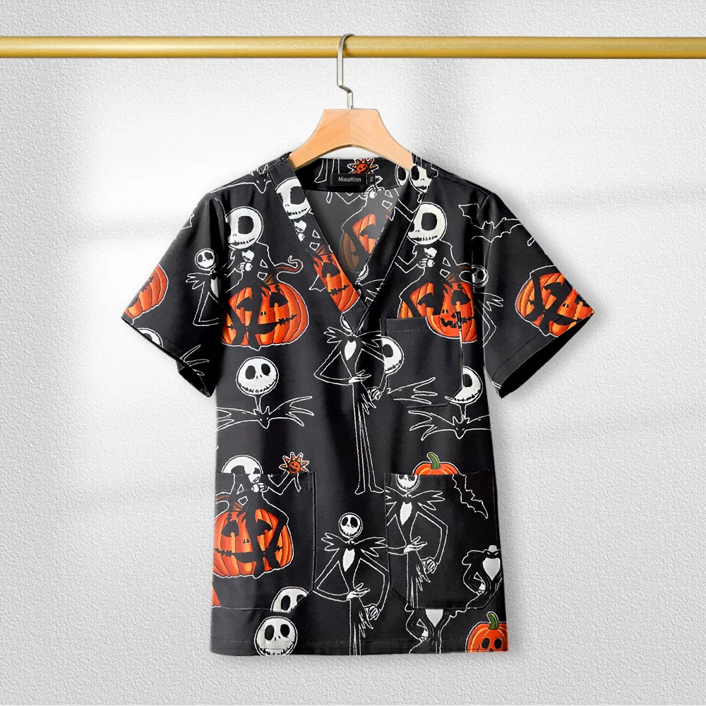 Short Sleeve V Neck Print Christmas Uniform Nursing Tops Male Scrub Nurse Working Uniforms T-Shirts Workwear Women Beauty Scrubs