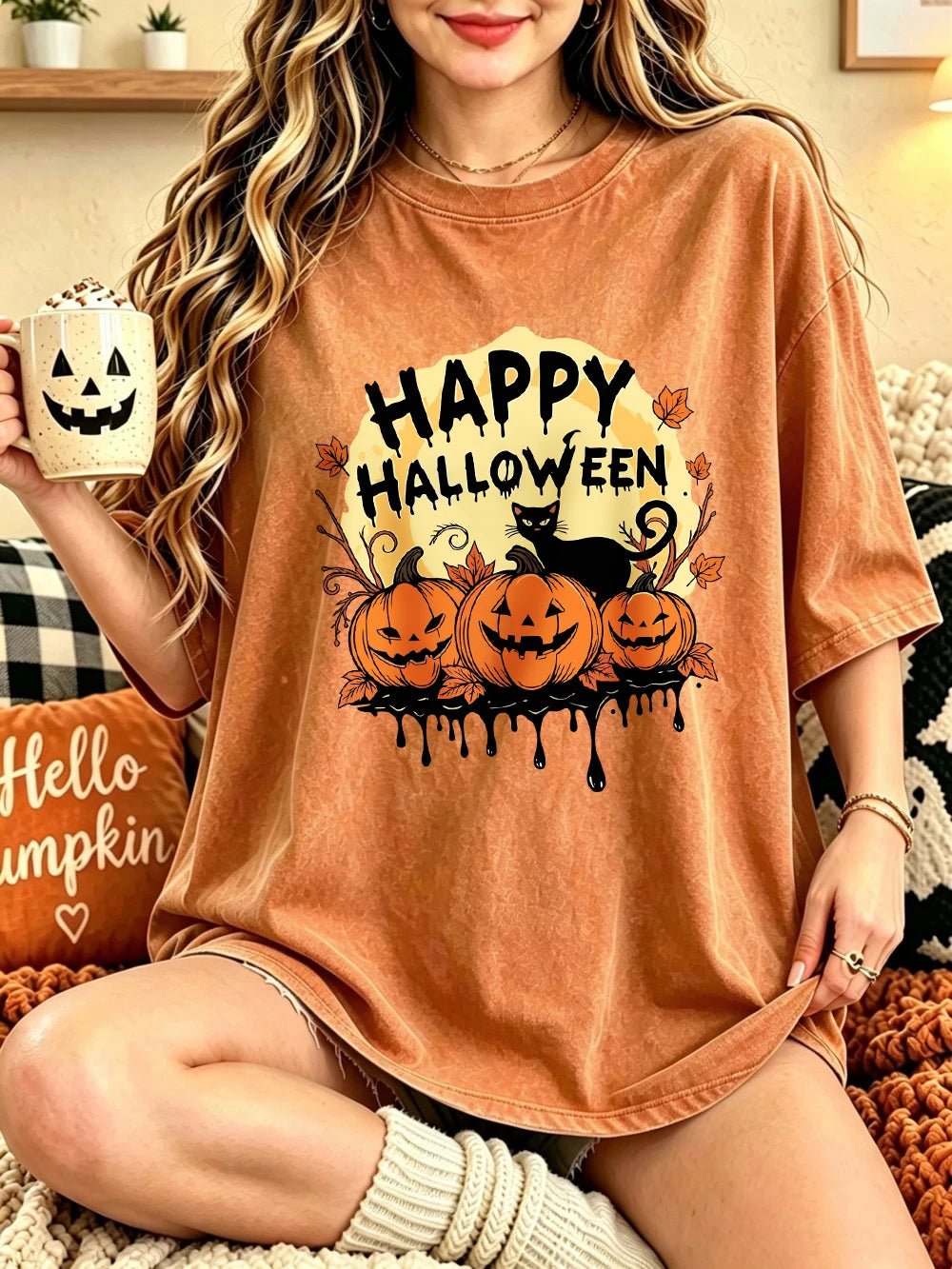 Happy Halloween Pumpkins Printed Washed T-Shirts Womens Cotton Short Sleeve Tops Casual O-Neck Oversized T Shirt Summer Clothes