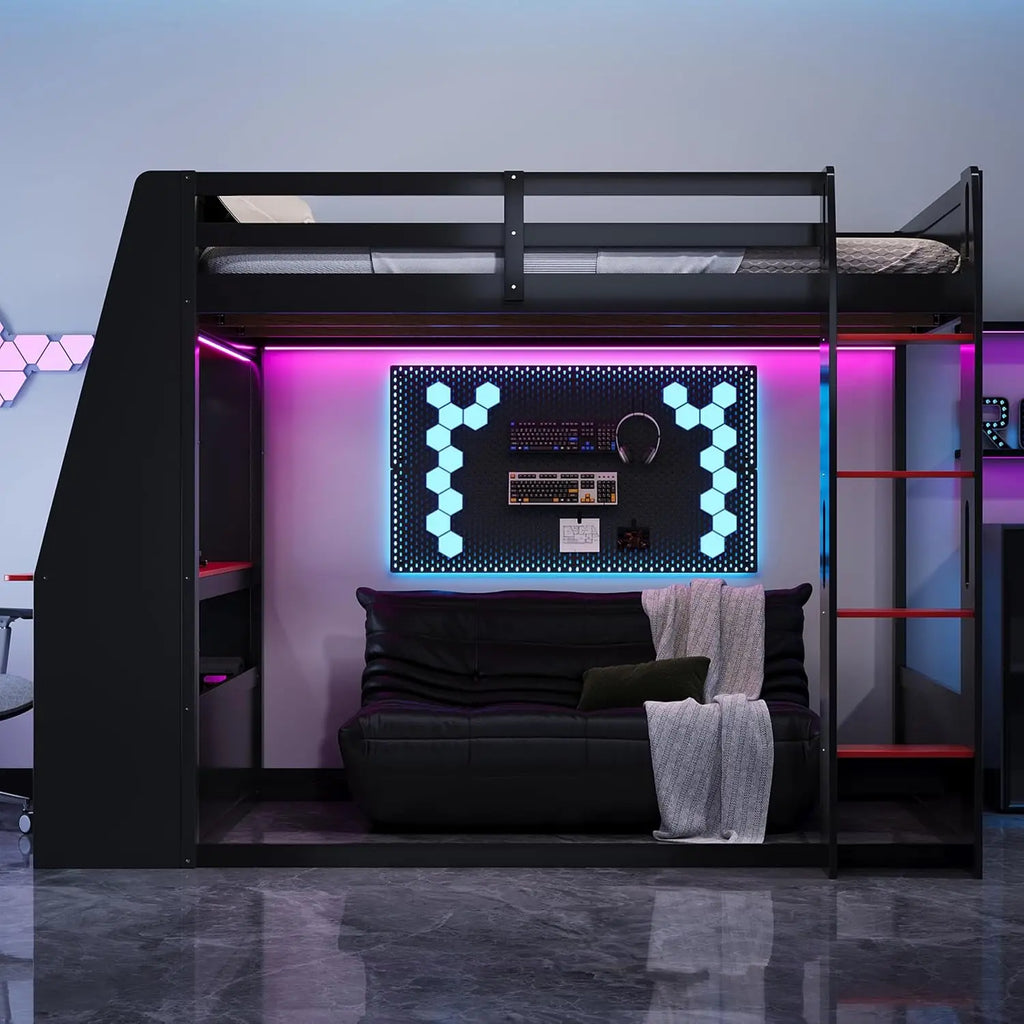 Twin Size Bunk Bed with Gaming Desk,USB and LED Light, Black+Red, Customized