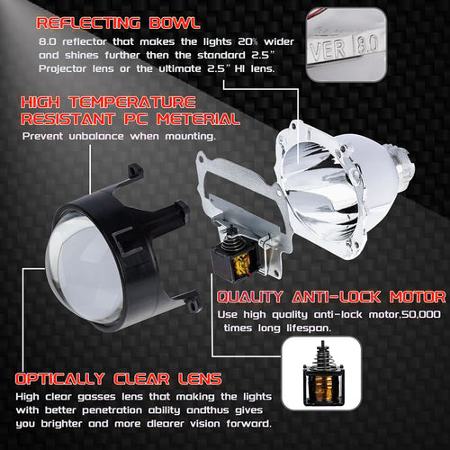 2.5 Inch 8.0 Bi Xenon Projector Lens With DRL LED Angel Eyes Shrouds Car Assembly Kit For Car Headlight H1 H4 H7 Model