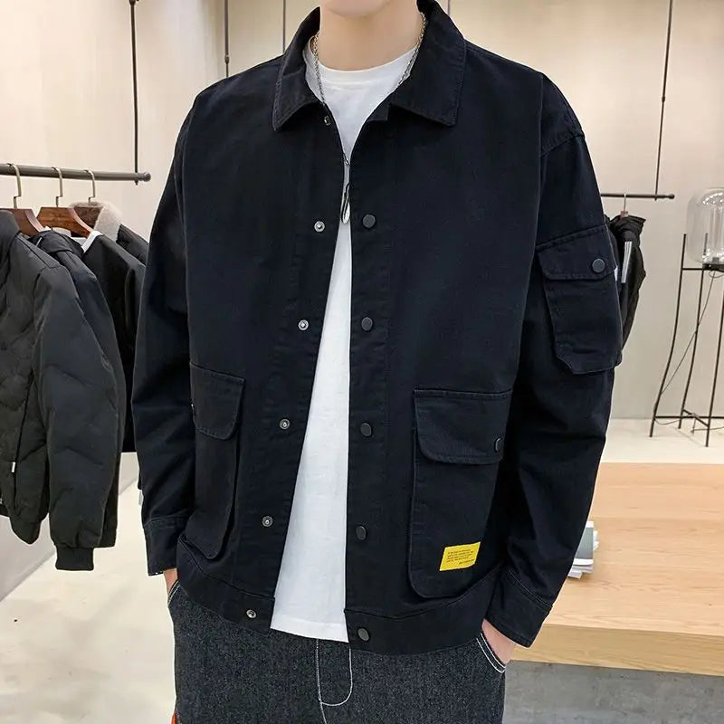 Men's Casual Jacket Spring Autumn Button Lapel Work Coat New Solid Color Multi-pocket Tops Men Fashion High Quality