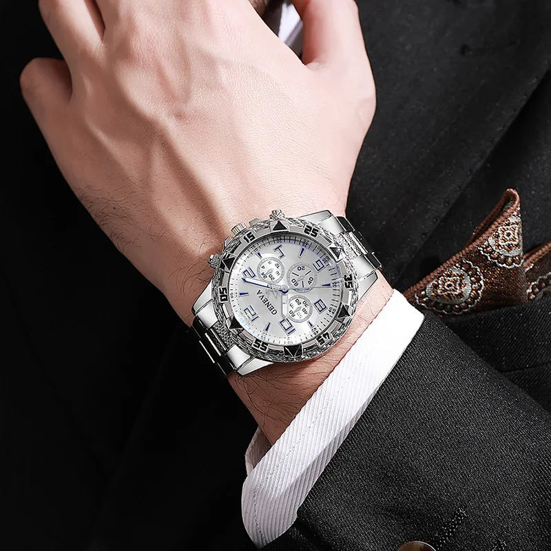 6Pcs/Set Men's Watch Set Fashion Leisure Classic Three Eye Digital Scale Circular Dial Quartz Watch Set Holiday Gift (With gift