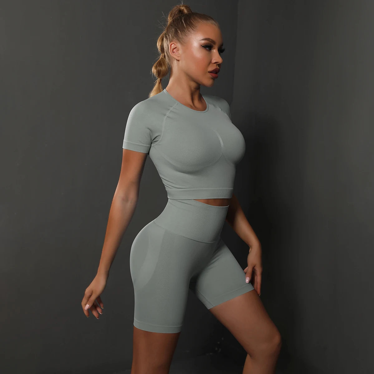 Summer Women Seamless Yoga Set Fitness Sportswear Workout Tracksuit Short Sleeve Crop Top High Waist Shorts Set Gym Clothing