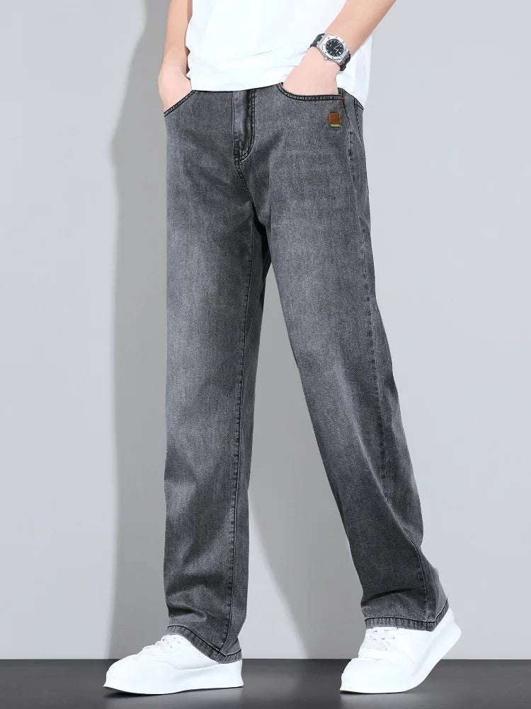 Lyocell Ice Silk Jeans Men's Fashion Korean Ultra-Thin Denim Pants Soft Drape Comfortable Business Straight Casual Trousers