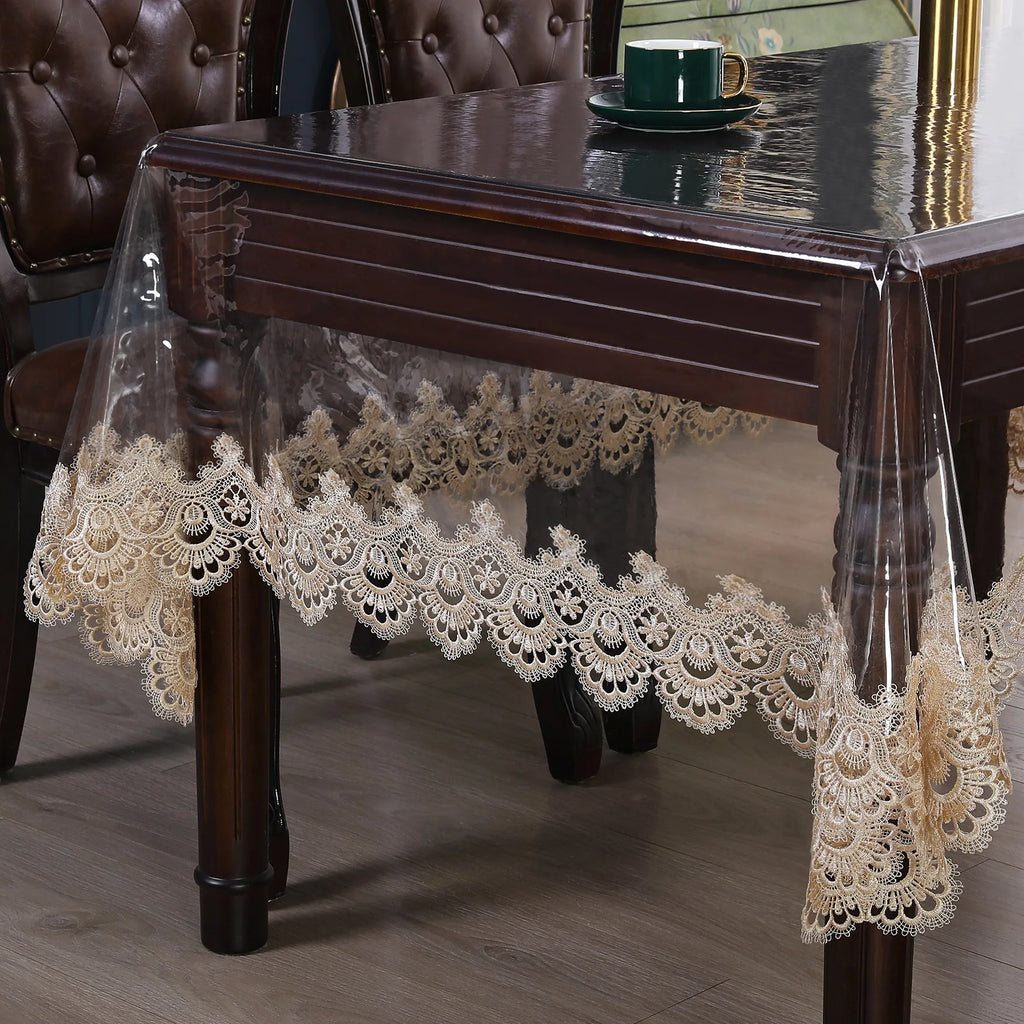 Clear Plastic Waterproof Tablecloth,Vinyl PVC Rectangle Table Cloth Oilproof Lace Table Cover for Dining Table Outdoor Decor