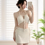 Women's Bikini Set Cream Waffle Textured Halter Tie Front Cutout V Neck Top With Tie Side Skirt Sexy Beach Bathing Suit Swimwear