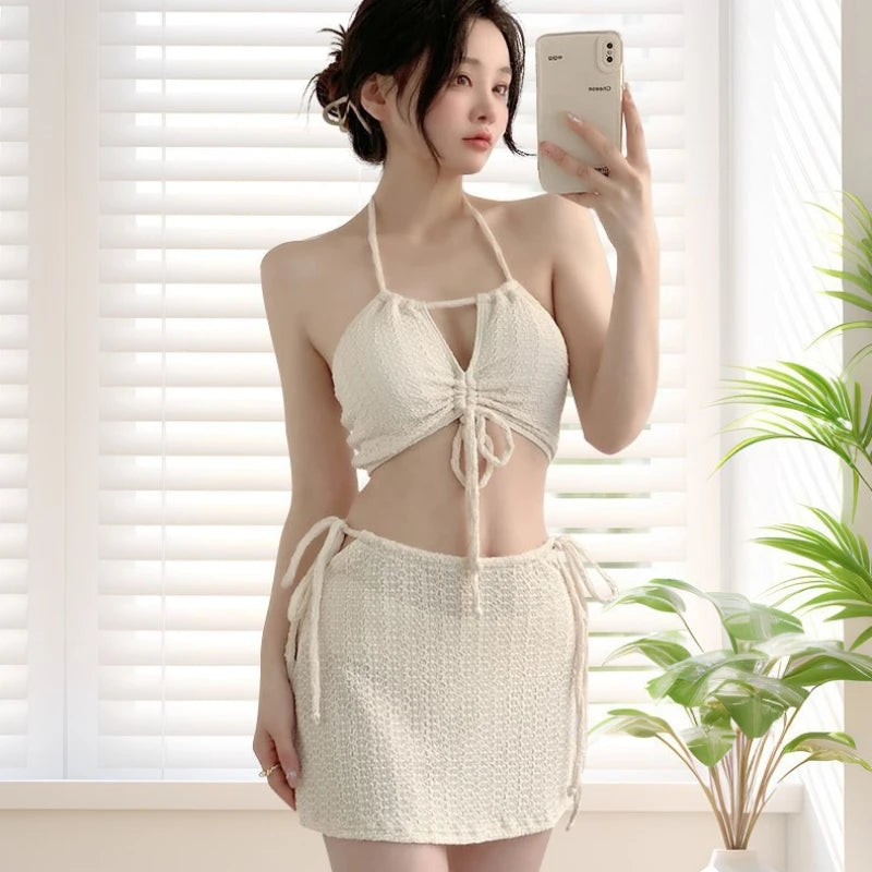 Women's Bikini Set Cream Waffle Textured Halter Tie Front Cutout V Neck Top With Tie Side Skirt Sexy Beach Bathing Suit Swimwear