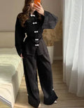 Casual Frog Buttons Linen Two Piece Set Women Lace Up Stand Collar Shirts Wide Leg Pants 2026 Spring Summer Lady Loose Outfits