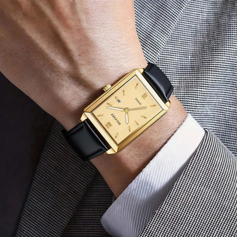 2pcs/set Mens Watches + Necklace Fashion Brand Square Quartz Watch for Man Business Casual Leather Belt Clock Men Gift Relogios