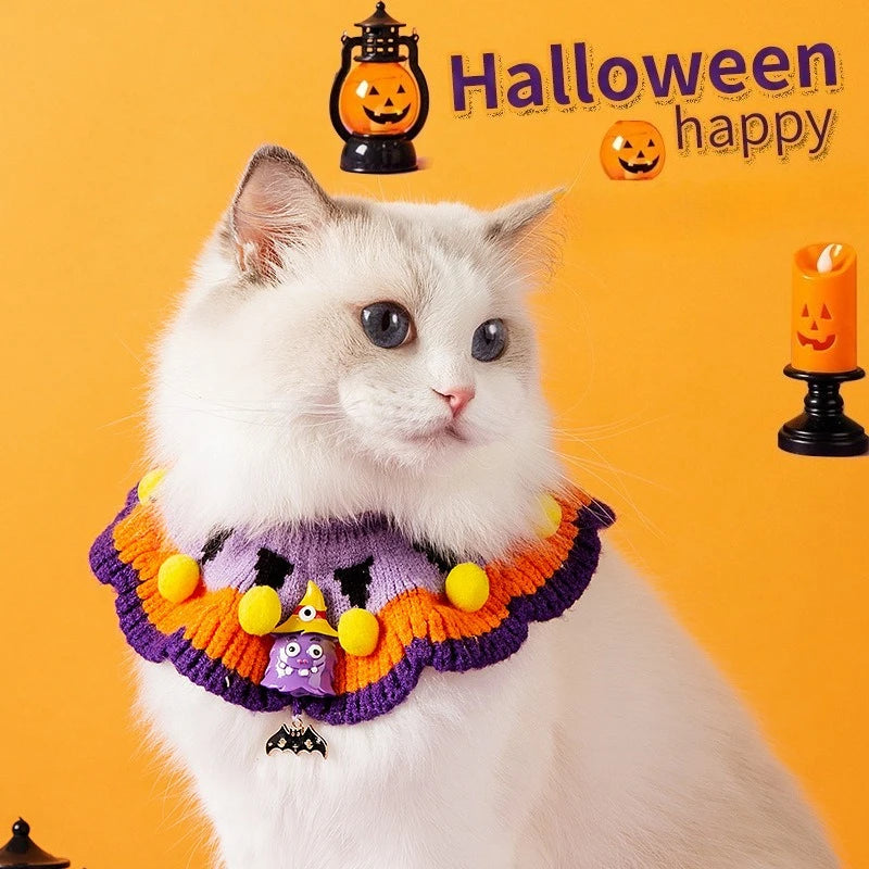 Cat Collar Halloween Costumes for Cats Puppies Knit Witch Hat Neck Piece for Halloween Party Decoration Funny Pumpkin Hat Set