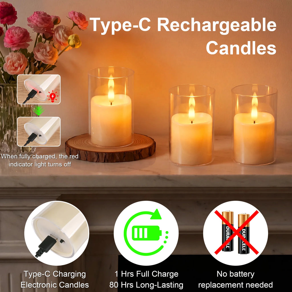 6Pcs Rechargeable Flameless LED Light Candles Crystal Clear Transparent Electronic Night Lamp Flickering Wedding Party Decor