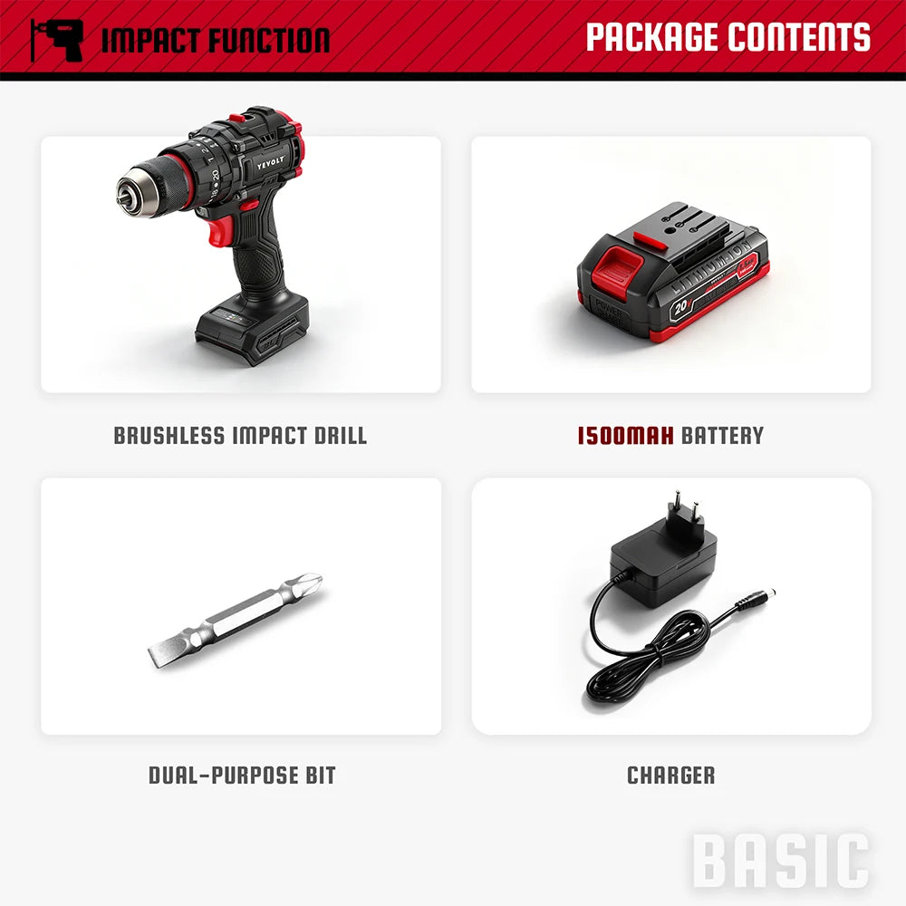 YEVOLT Electric Drill 20V Brushless Li-ion Compact Cordless 21+1 Driver Handheld Screwdriver Power Tools YVGBD20DU2 Series
