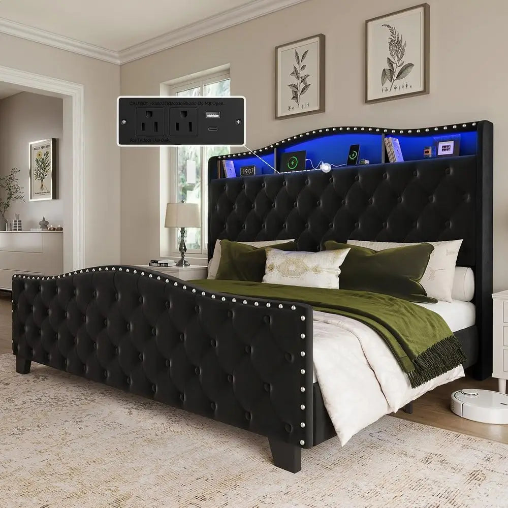 Belin King Size Bed e and board, 50.9" Velvet Upholstered Wingback Bede with LED Lights & Storage/Charging Station, Button Tuted