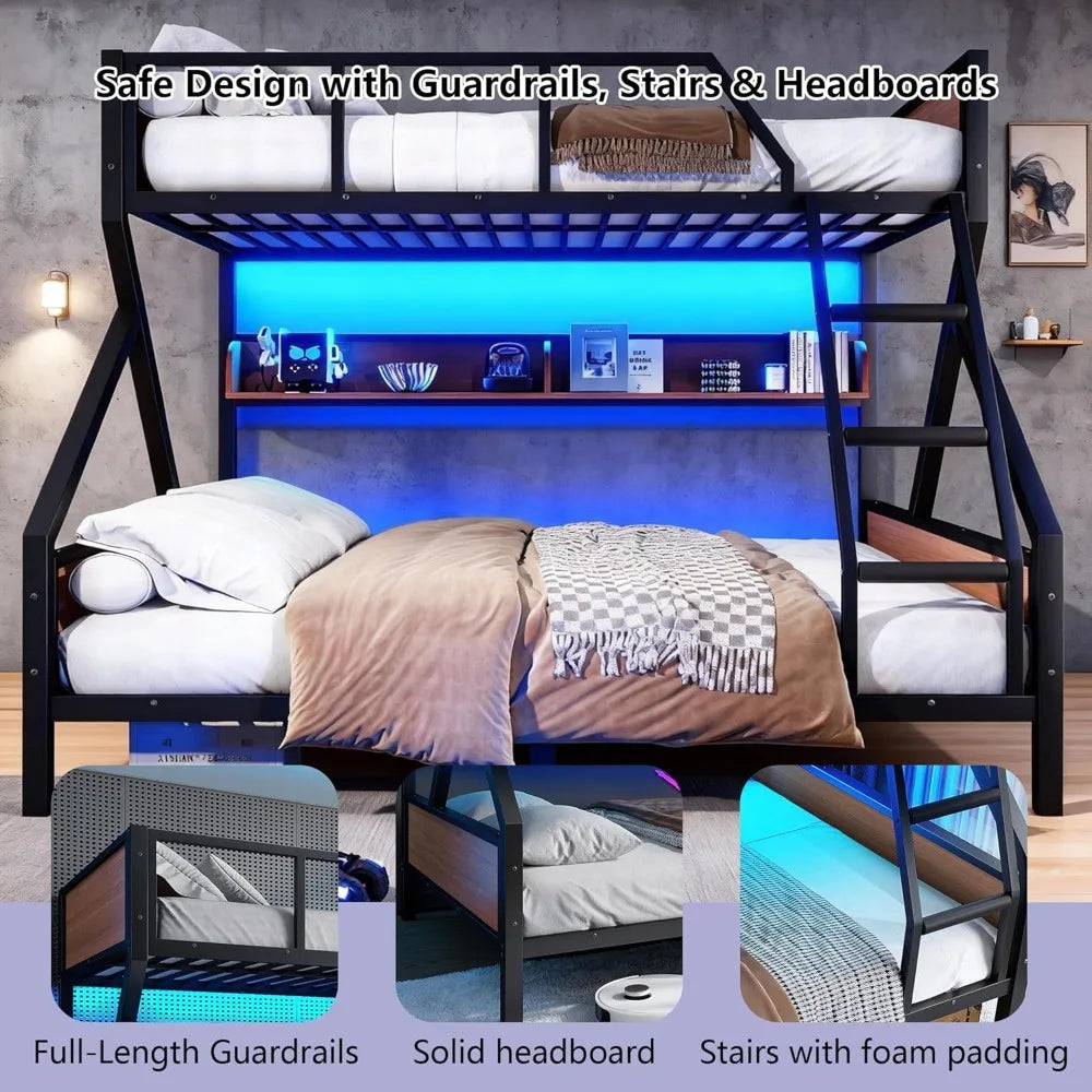 Queen Over King Bunk Bed w/ Storage Shelves, Metal Frame, LED Lights, Heavy Duty, No Box Spring, Black