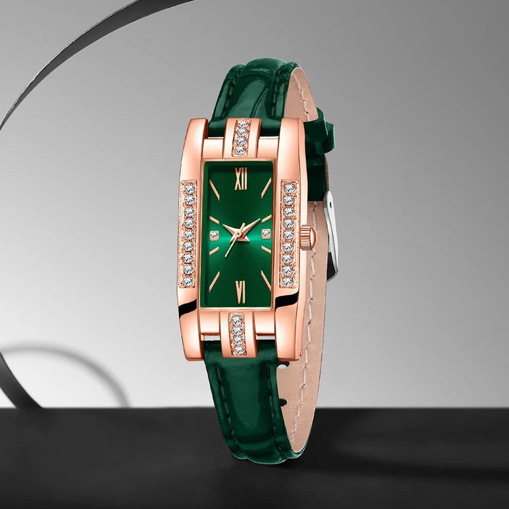 9PCS Green Women's Watch Set Trendy Fashion Rectangular Dial Quartz Watch Bracelet Necklace Earrings Set Holiday Gift