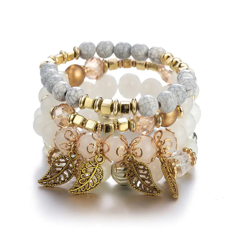 4Pcs Fashion Stone Beads Bracelets Set For Women Retro Gold Color Leaves Charm Beaded Chain Handmade Bangle Boho Jewelry