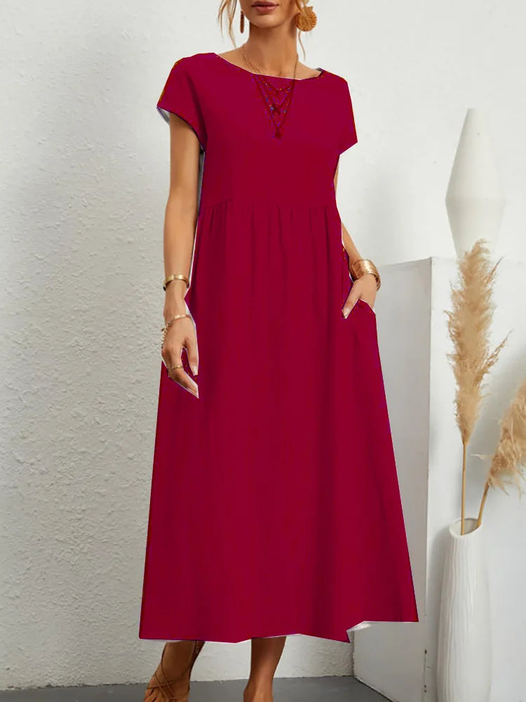 Dresses for Women  Cotton Linen Midi Casual  Short Sleeve Loose A-Line Sundress with Pockets  Solid Color Oversized Long Dress