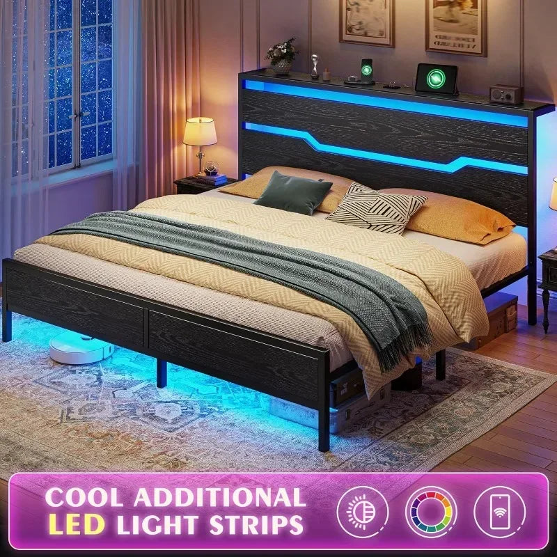 Bed Frame with LED Lights & Charging Station, King Bed Frame and Headboard,13" Under Bed Storage,Metal Slats Support Customized