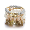 4Pcs Fashion Stone Beads Bracelets Set For Women Retro Gold Color Leaves Charm Beaded Chain Handmade Bangle Boho Jewelry
