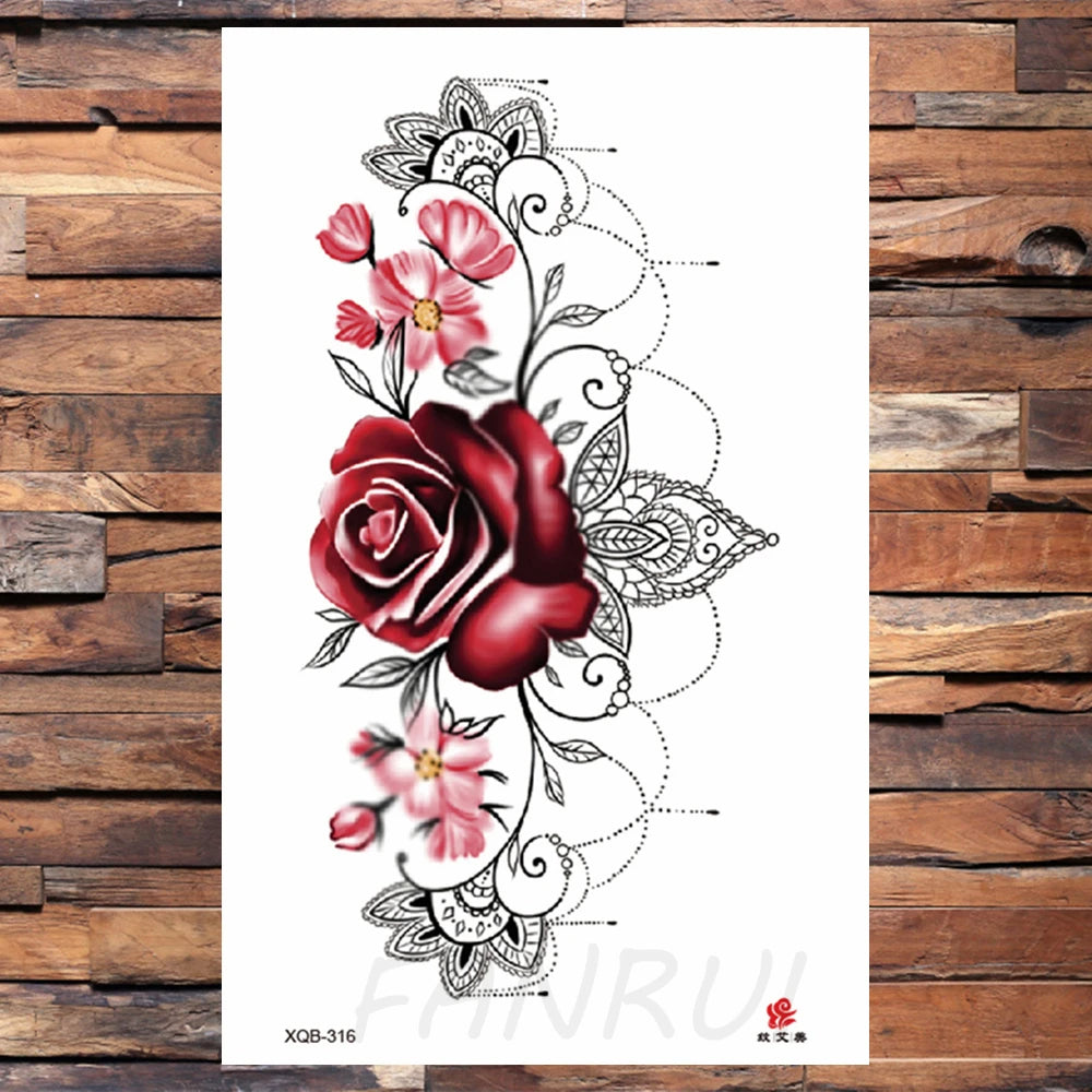 Watercolor Rose Flower Temporary Tattoo For Women Kids Girls Cherry Fake Tattoos Sticker Sexy Lotus Henna Waterproof Tatoo Waist