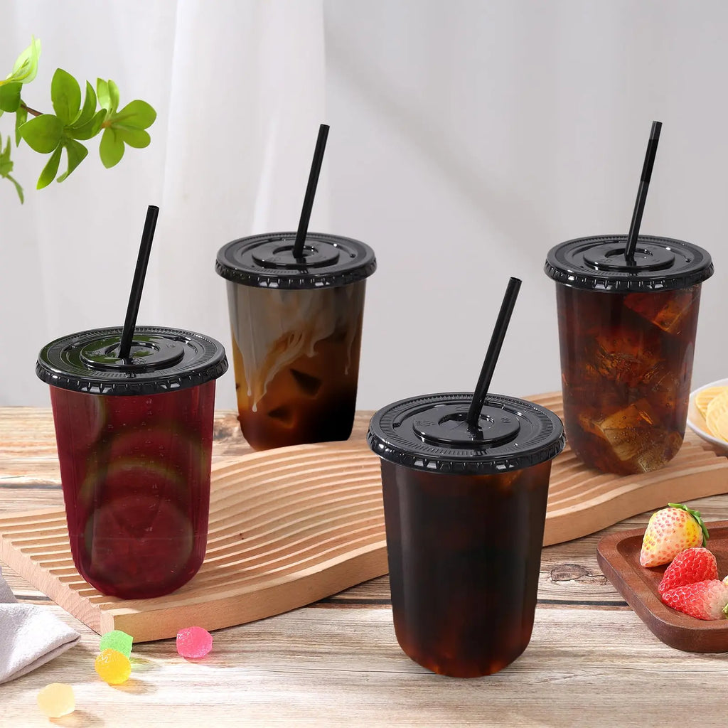 50 sets of 16oz (450ml) black transparent cups with lids and straws - disposable cold drink cups for iced coffee, milk tea, smoothies, and party events