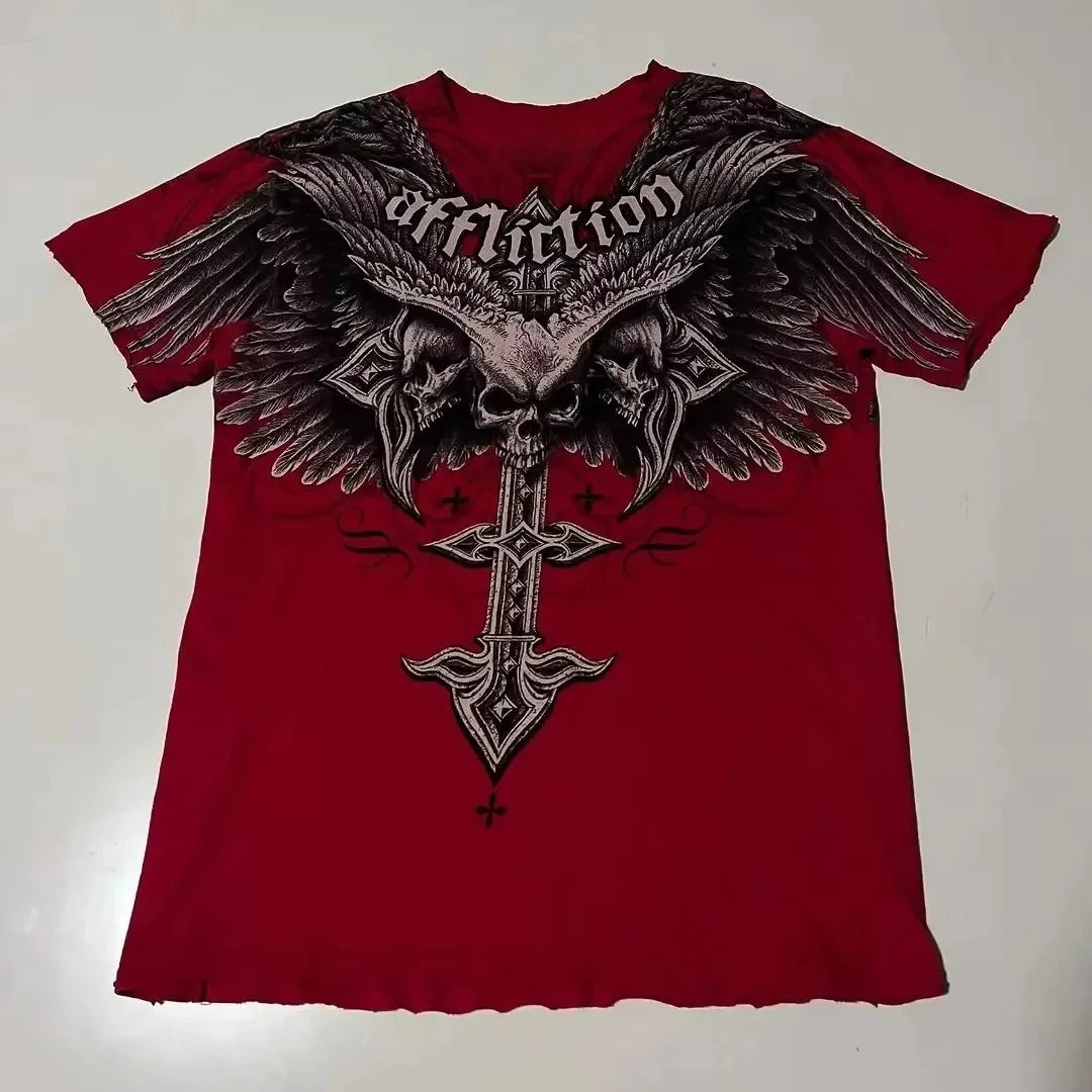 2000s affliction T-shirt Vintage Clothing Punk Hip Hop Graphic Print Oversized T shirt Men Round Neck Cotton Short Sleeve Tops